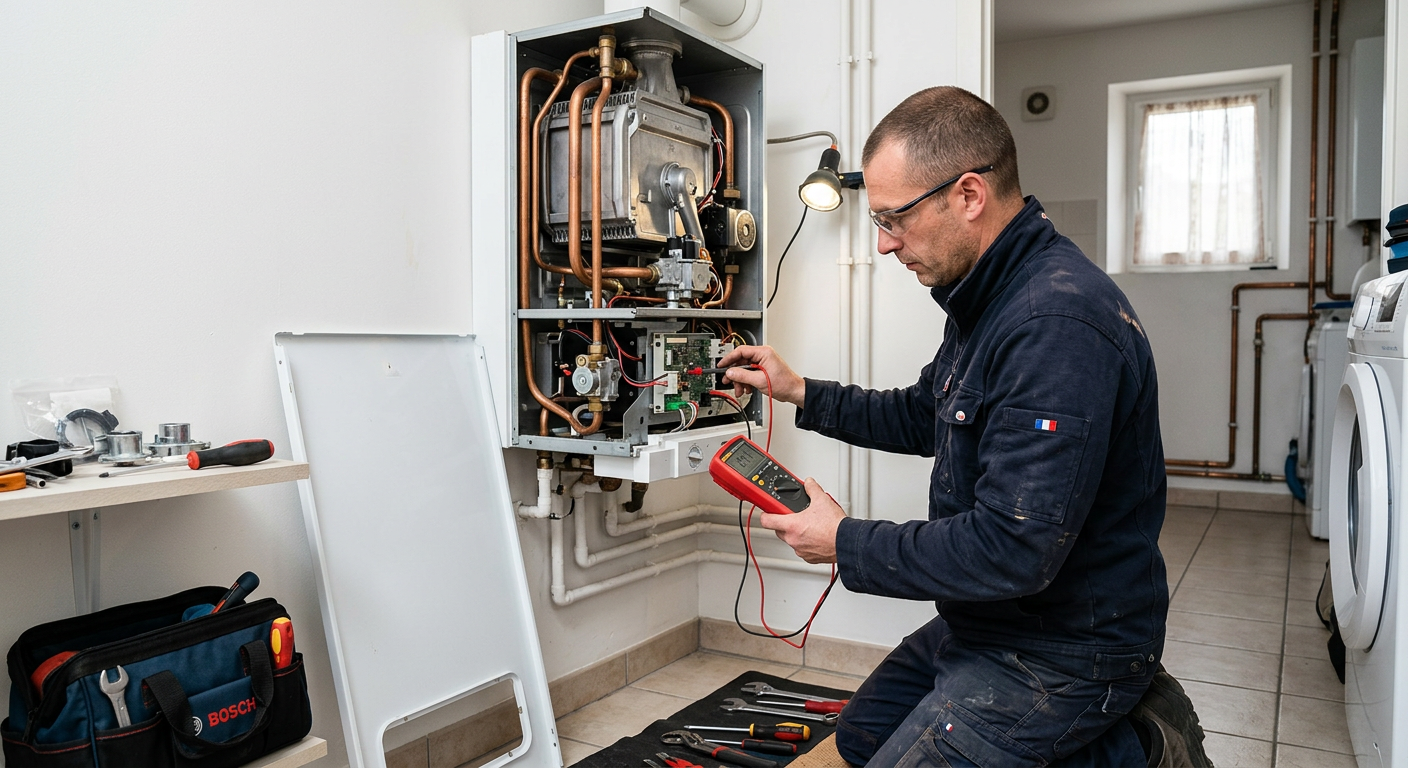 Chauffagiste réparant une chaudière gaz murale à Créteil