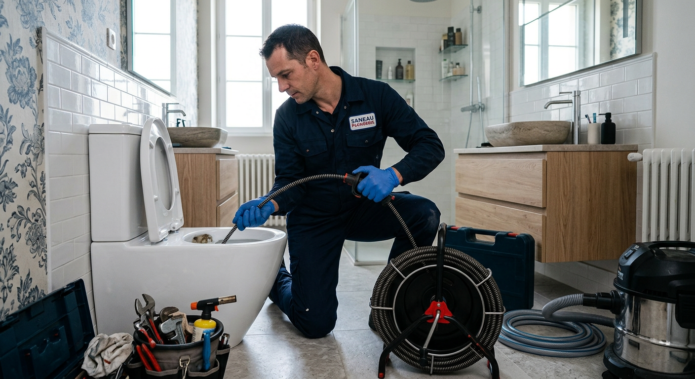 Plombier débouchant des WC avec un furet électrique à Créteil